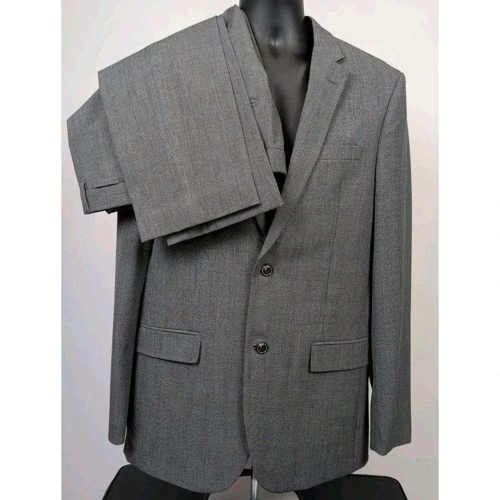 Ben Sherman Mens Bell 40L 34W Gray‎ Plaid 2pc Suit